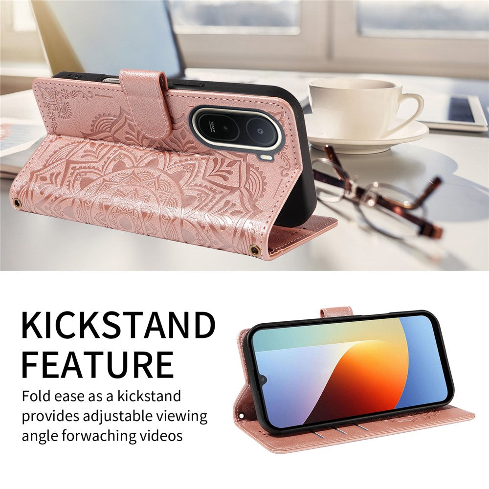 For Xiaomi Redmi A7 Pro 4G (171.56mm) Wallet Case Embossed Mandala Pattern PU Leather + TPU Cover with Wrist Strap