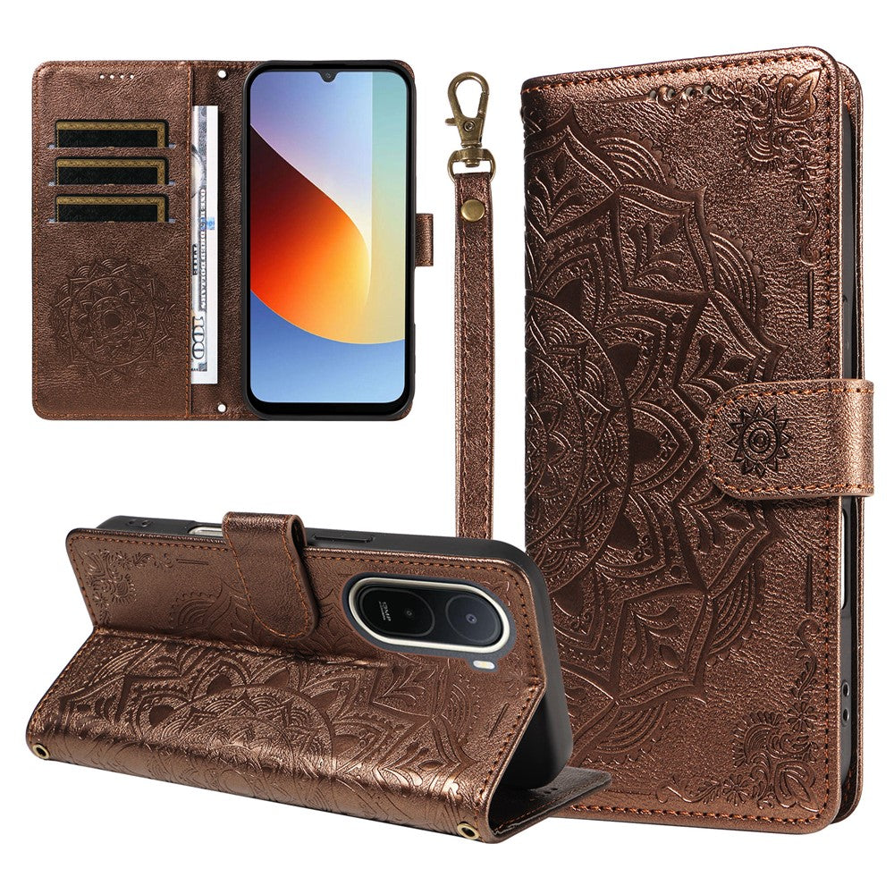 For Xiaomi Redmi A7 Pro 4G (171.56mm) Wallet Case Embossed Mandala Pattern PU Leather + TPU Cover with Wrist Strap