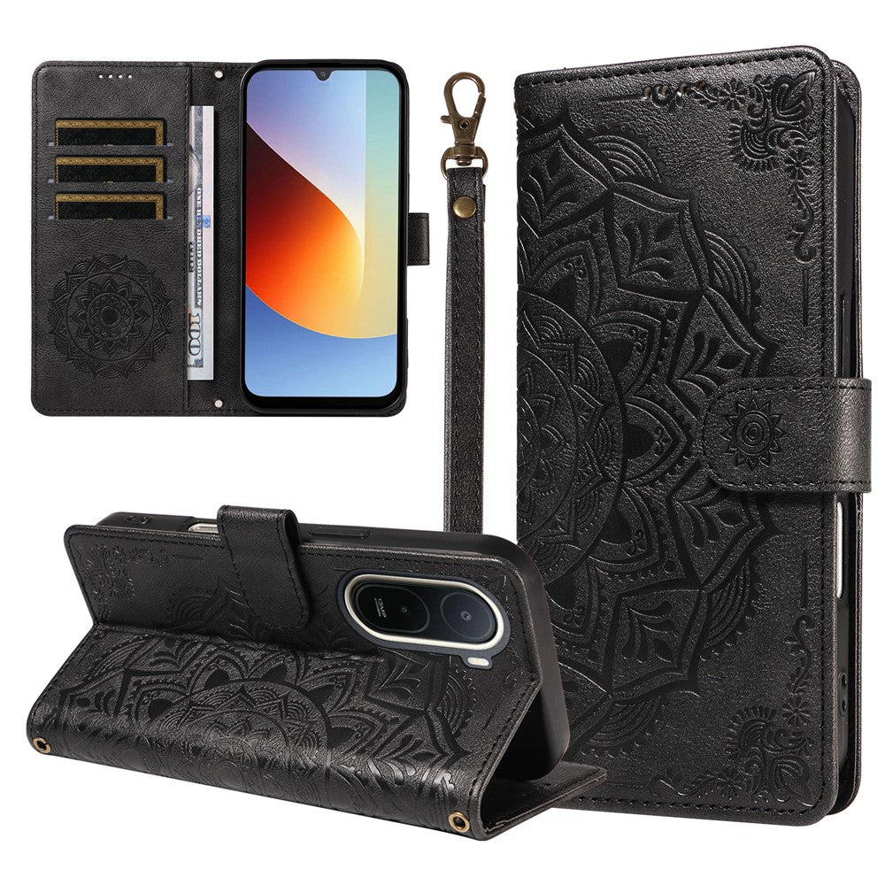For Xiaomi Redmi A7 Pro 4G (171.56mm) Wallet Case Embossed Mandala Pattern PU Leather + TPU Cover with Wrist Strap