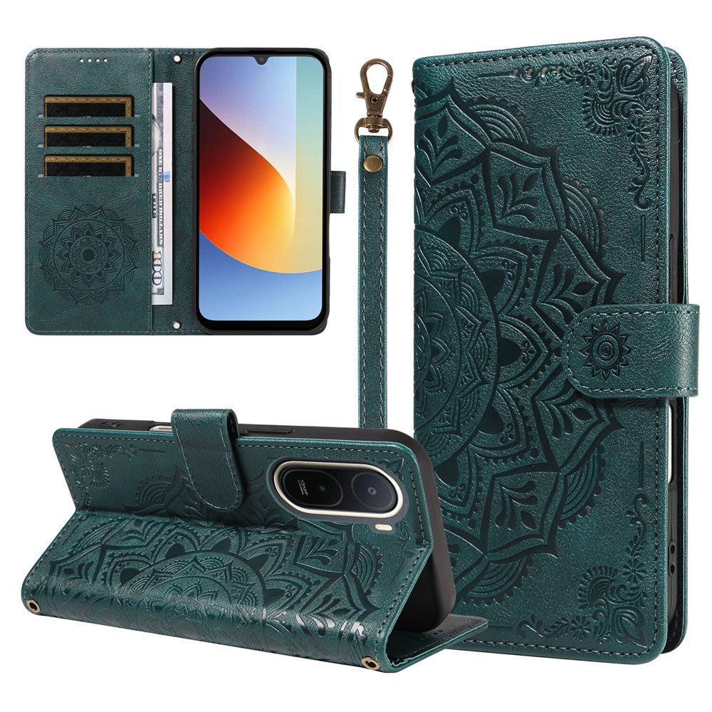 For Xiaomi Redmi A7 Pro 4G (171.56mm) Wallet Case Embossed Mandala Pattern PU Leather + TPU Cover with Wrist Strap