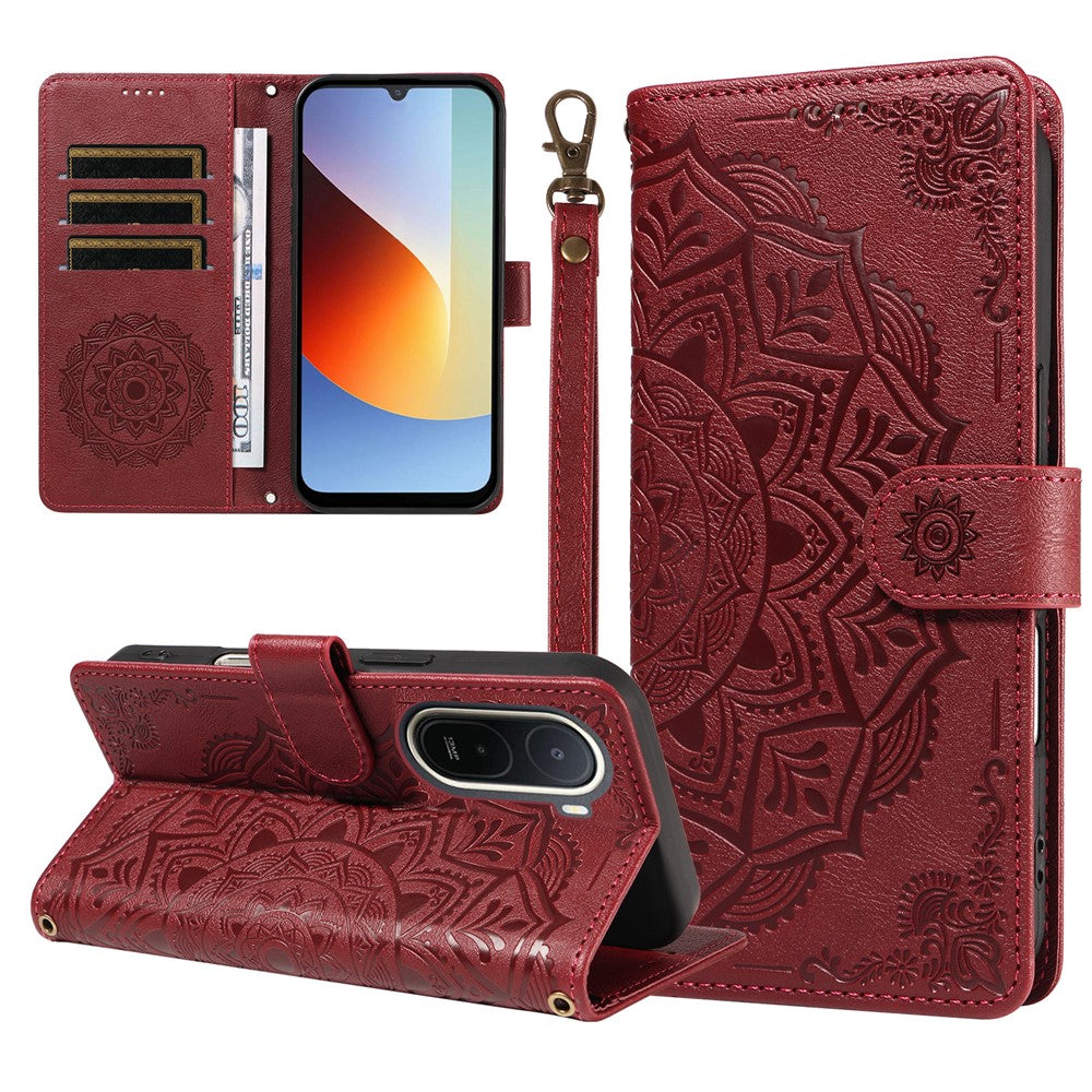 For Xiaomi Redmi A7 Pro 4G (171.56mm) Wallet Case Embossed Mandala Pattern PU Leather + TPU Cover with Wrist Strap