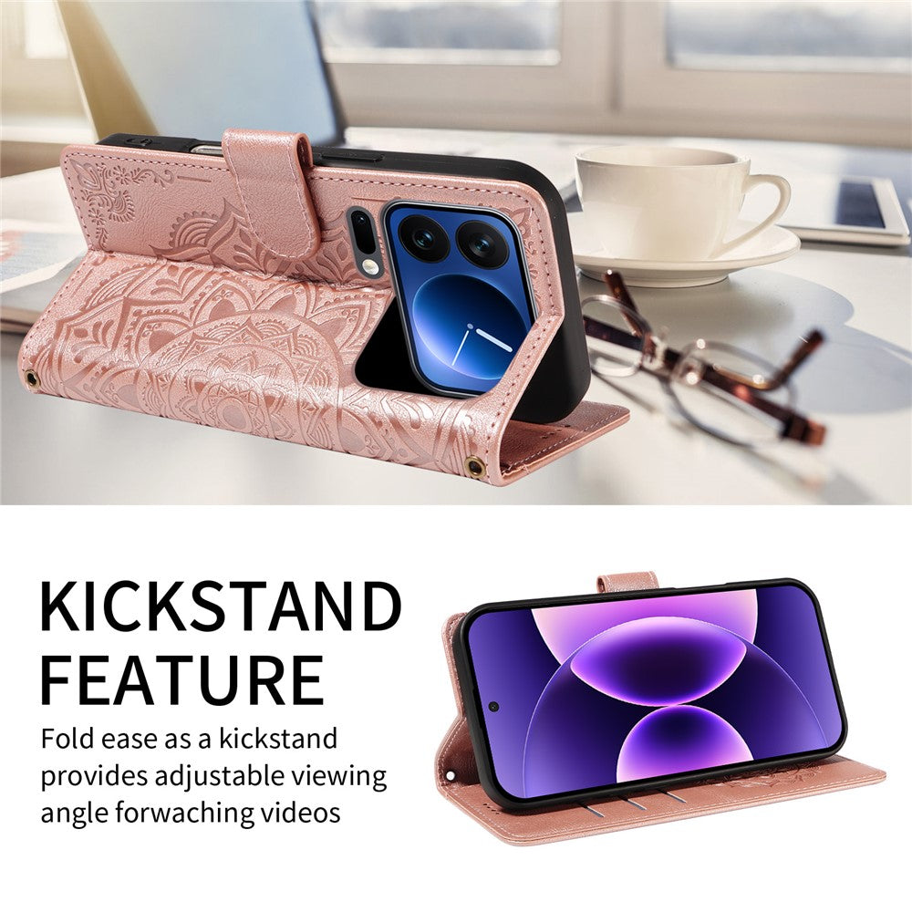 For Xiaomi 17 Pro Wallet Case Embossed Mandala Pattern PU Leather + TPU Cover with Wrist Strap