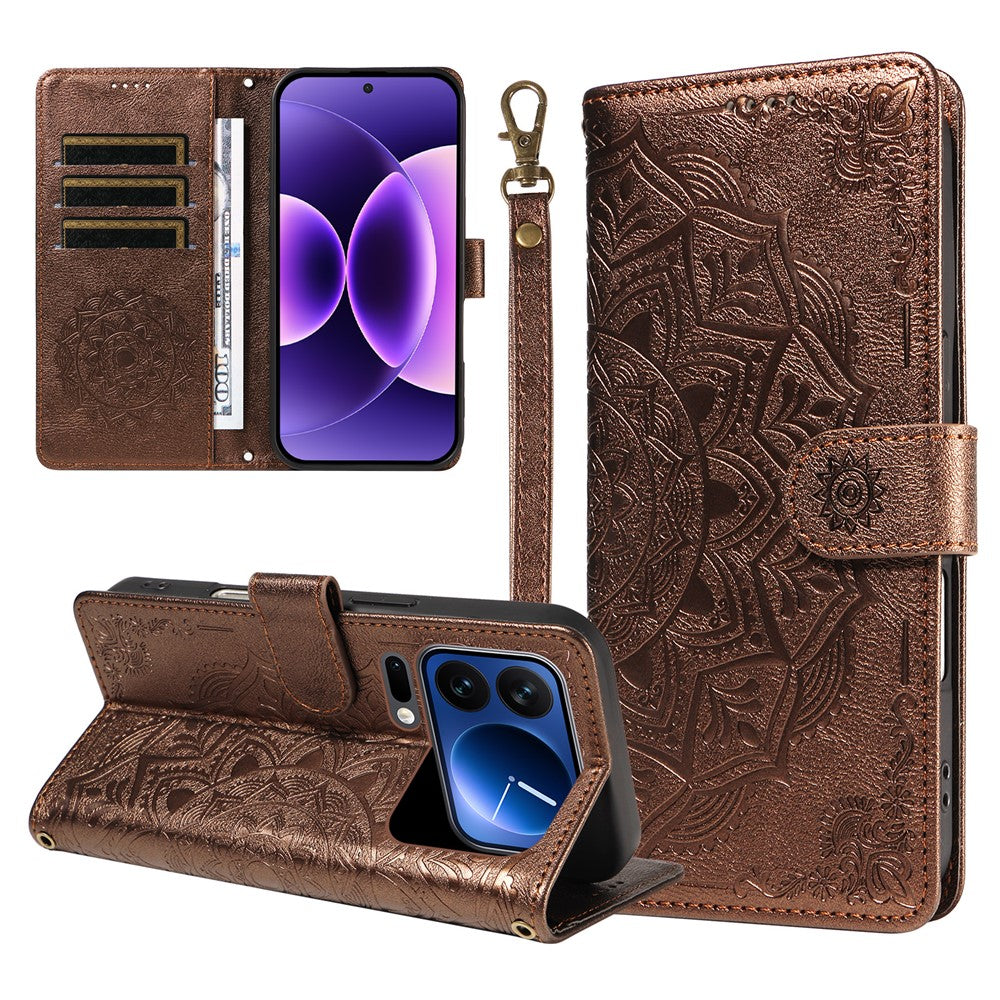 For Xiaomi 17 Pro Wallet Case Embossed Mandala Pattern PU Leather + TPU Cover with Wrist Strap