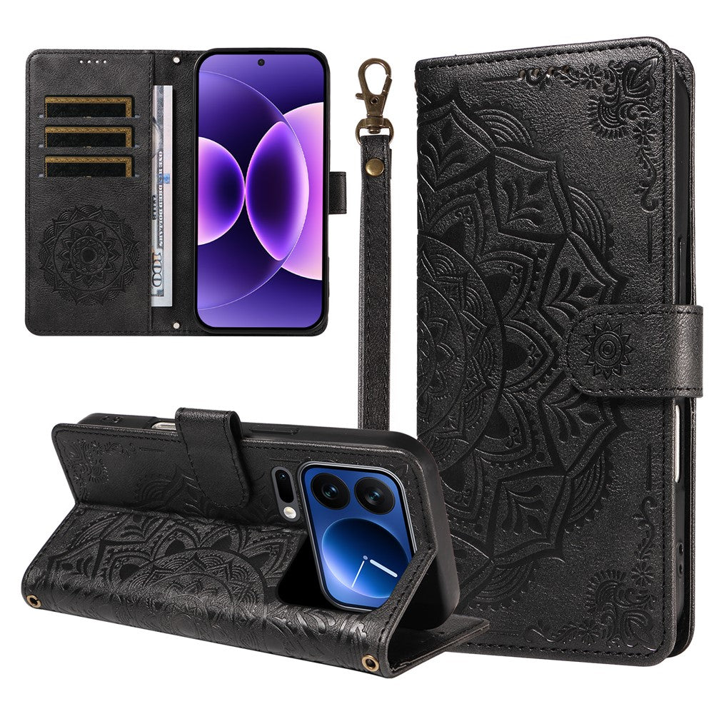 For Xiaomi 17 Pro Wallet Case Embossed Mandala Pattern PU Leather + TPU Cover with Wrist Strap