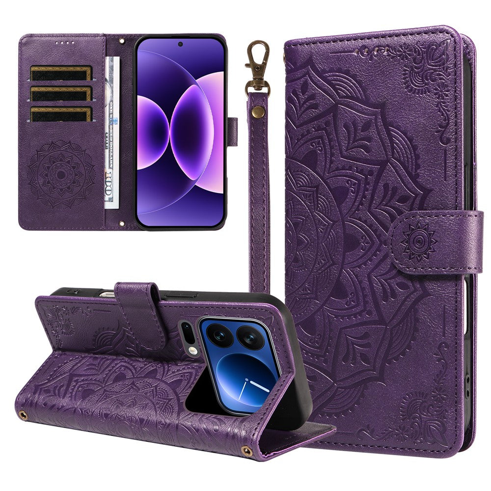 For Xiaomi 17 Pro Wallet Case Embossed Mandala Pattern PU Leather + TPU Cover with Wrist Strap