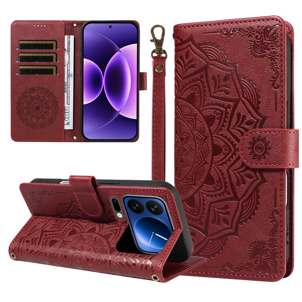 For Xiaomi 17 Pro Wallet Case Embossed Mandala Pattern PU Leather + TPU Cover with Wrist Strap