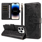 For iPhone 14 Pro Wallet Case Embossed Mandala Pattern PU Leather + TPU Cover with Wrist Strap