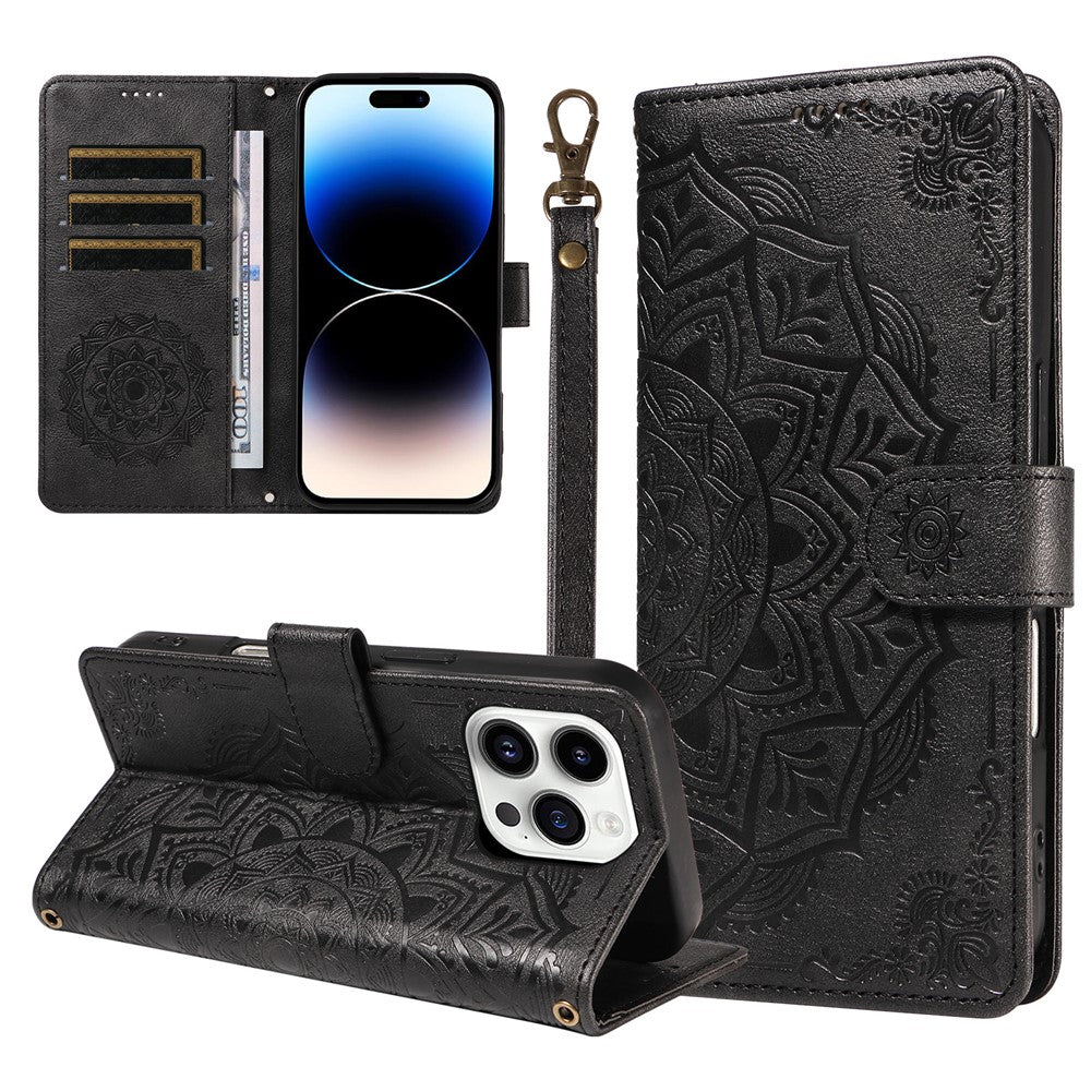 For iPhone 14 Pro Wallet Case Embossed Mandala Pattern PU Leather + TPU Cover with Wrist Strap