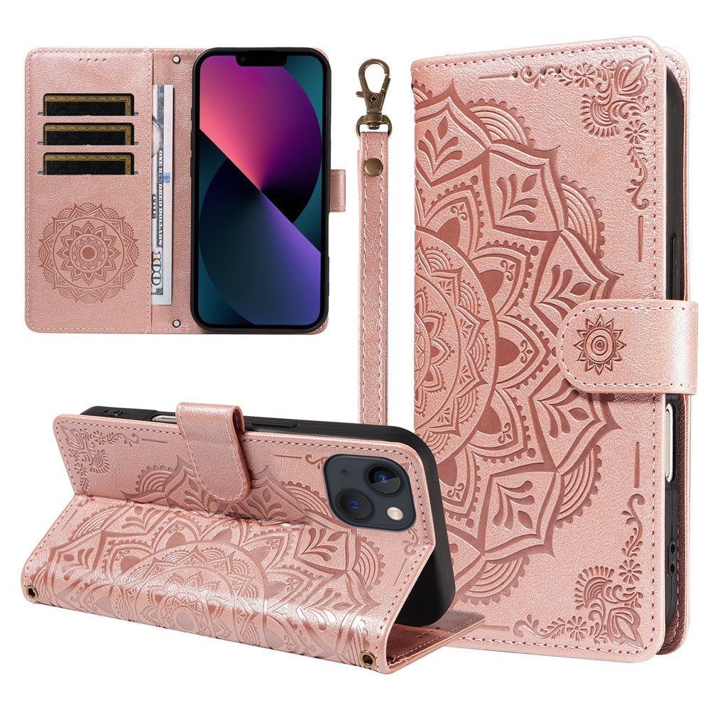 Til iPhone 14 Pung Etui Præget Mandala Mønster PU Læder + TPU Cover med Håndrem
