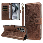 For Samsung Galaxy S24 Ultra Wallet Case Embossed Mandala Pattern PU Leather + TPU Cover with Wrist Strap