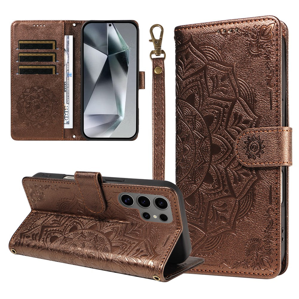 For Samsung Galaxy S24 Ultra Wallet Case Embossed Mandala Pattern PU Leather + TPU Cover with Wrist Strap