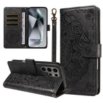For Samsung Galaxy S24 Ultra Wallet Case Embossed Mandala Pattern PU Leather + TPU Cover with Wrist Strap