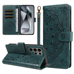 For Samsung Galaxy S24 Ultra Wallet Case Embossed Mandala Pattern PU Leather + TPU Cover with Wrist Strap