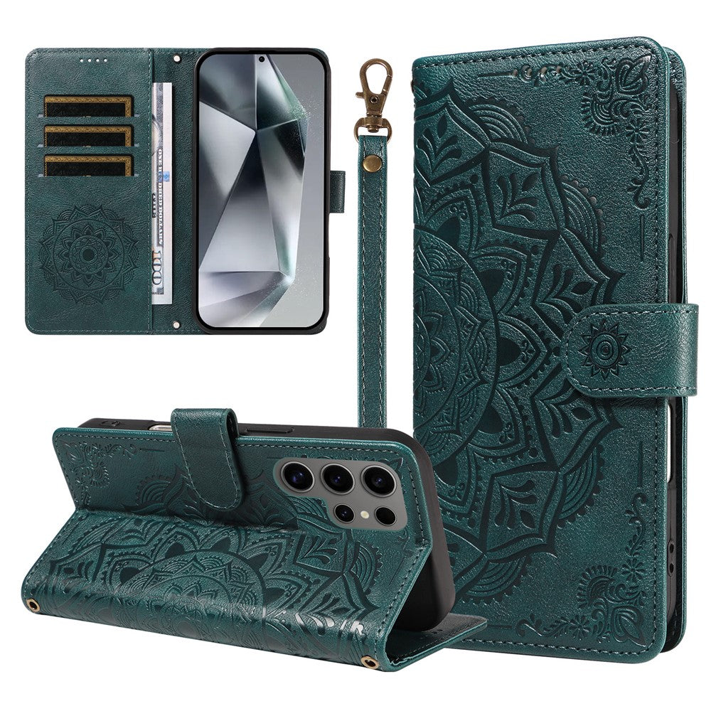 For Samsung Galaxy S24 Ultra Wallet Case Embossed Mandala Pattern PU Leather + TPU Cover with Wrist Strap