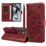 For Samsung Galaxy S24 Ultra Wallet Case Embossed Mandala Pattern PU Leather + TPU Cover with Wrist Strap