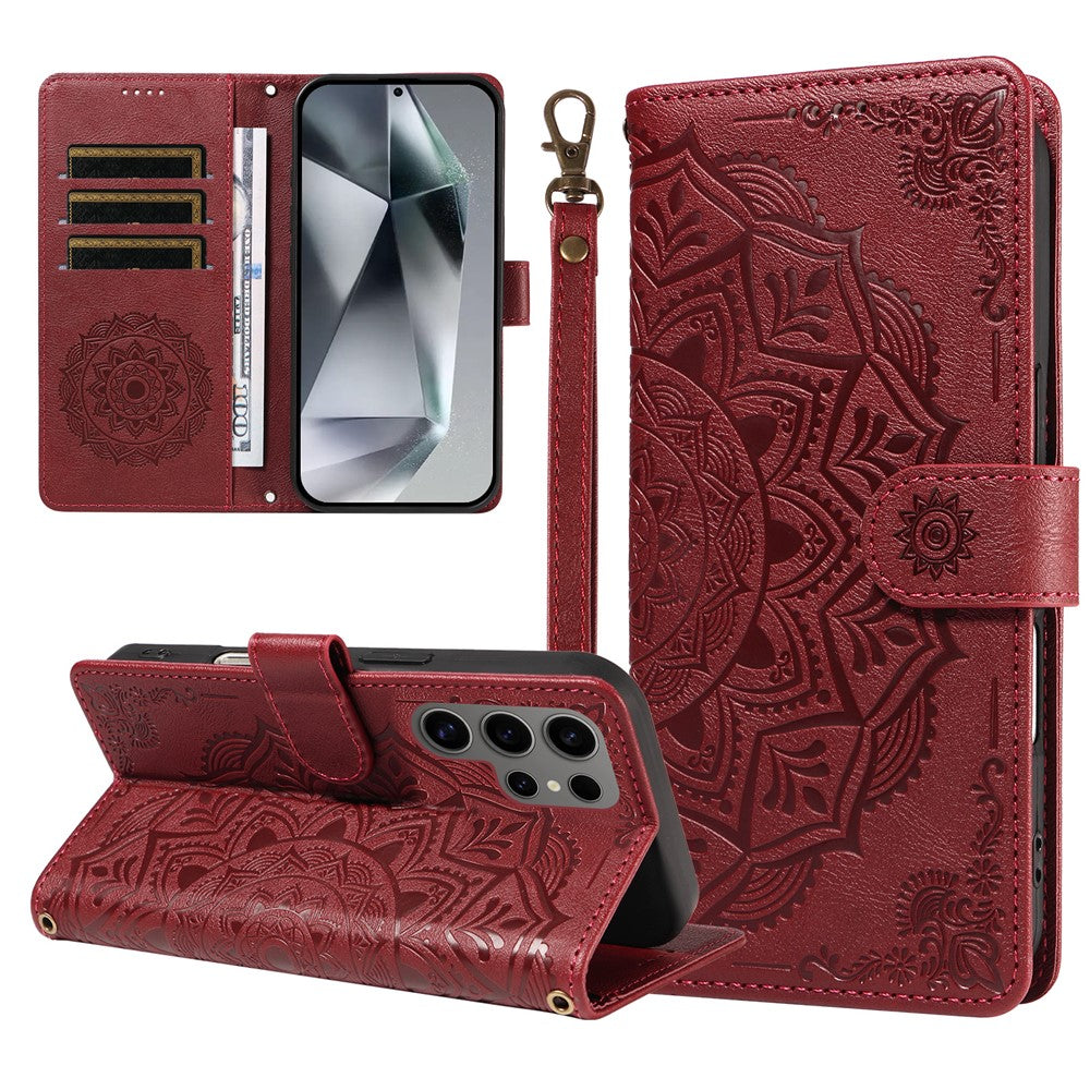 For Samsung Galaxy S24 Ultra Wallet Case Embossed Mandala Pattern PU Leather + TPU Cover with Wrist Strap