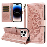 For iPhone 14 Pro Max Wallet Case Embossed Mandala Pattern PU Leather + TPU Cover with Wrist Strap