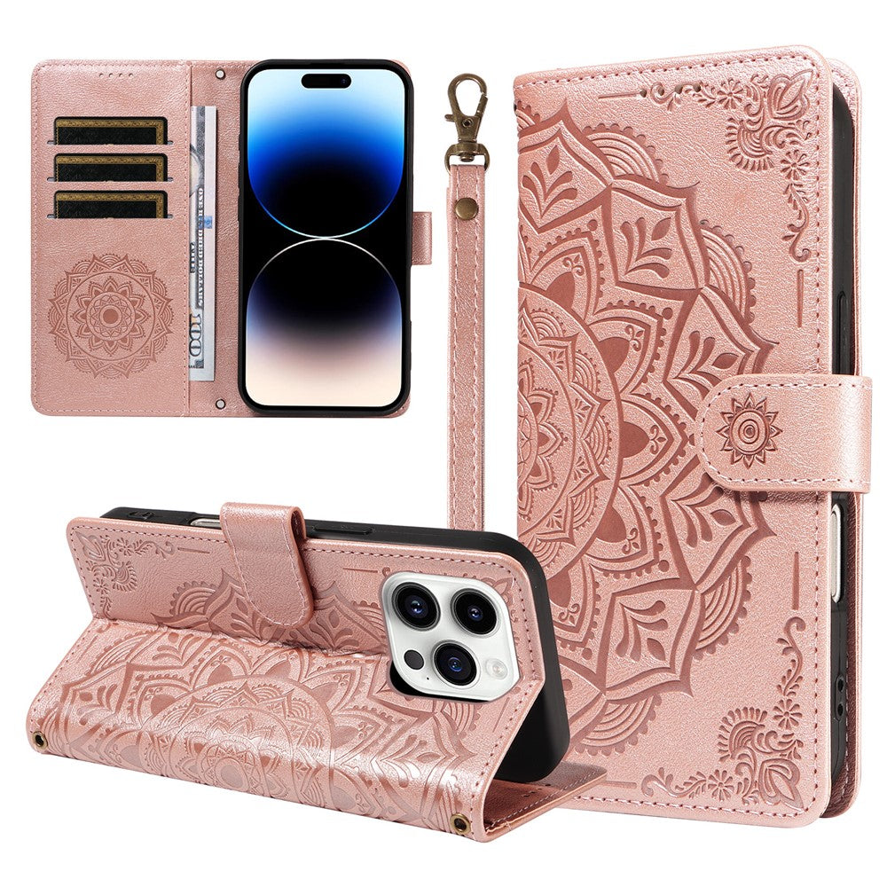 For iPhone 14 Pro Max Wallet Case Embossed Mandala Pattern PU Leather + TPU Cover with Wrist Strap