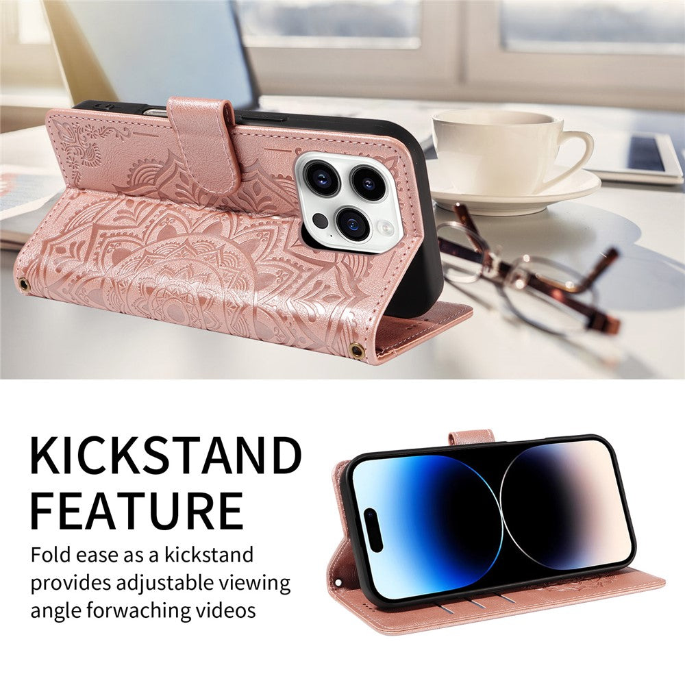 For iPhone 14 Pro Max Wallet Case Embossed Mandala Pattern PU Leather + TPU Cover with Wrist Strap