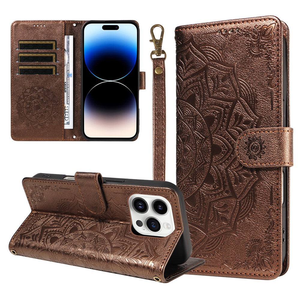 For iPhone 14 Pro Max Wallet Case Embossed Mandala Pattern PU Leather + TPU Cover with Wrist Strap
