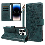 For iPhone 14 Pro Max Wallet Case Embossed Mandala Pattern PU Leather + TPU Cover with Wrist Strap
