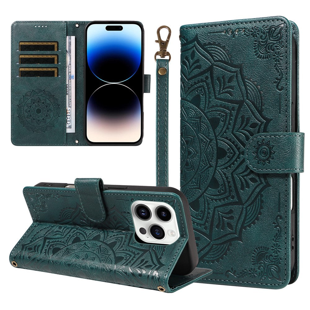 For iPhone 14 Pro Max Wallet Case Embossed Mandala Pattern PU Leather + TPU Cover with Wrist Strap