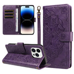 For iPhone 14 Pro Max Wallet Case Embossed Mandala Pattern PU Leather + TPU Cover with Wrist Strap