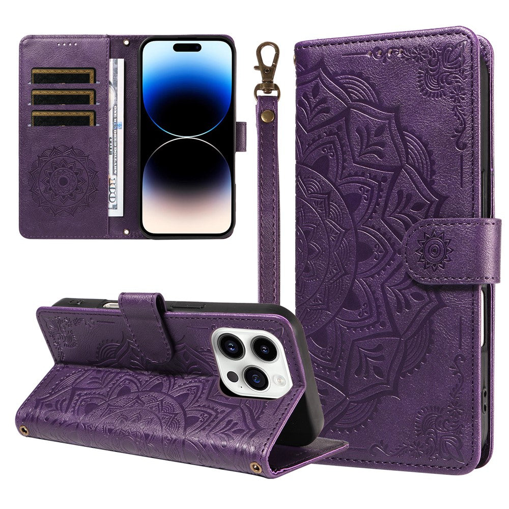 For iPhone 14 Pro Max Wallet Case Embossed Mandala Pattern PU Leather + TPU Cover with Wrist Strap
