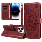 For iPhone 14 Pro Max Wallet Case Embossed Mandala Pattern PU Leather + TPU Cover with Wrist Strap