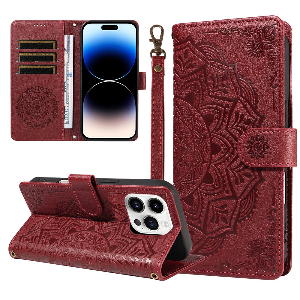 For iPhone 14 Pro Max Wallet Case Embossed Mandala Pattern PU Leather + TPU Cover with Wrist Strap