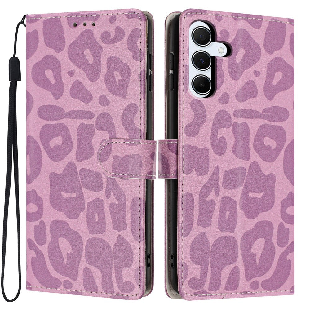 For Samsung Galaxy A55 5G Case Leopard Print Wallet Stand Flip Leather Phone Cover with Wrist Strap