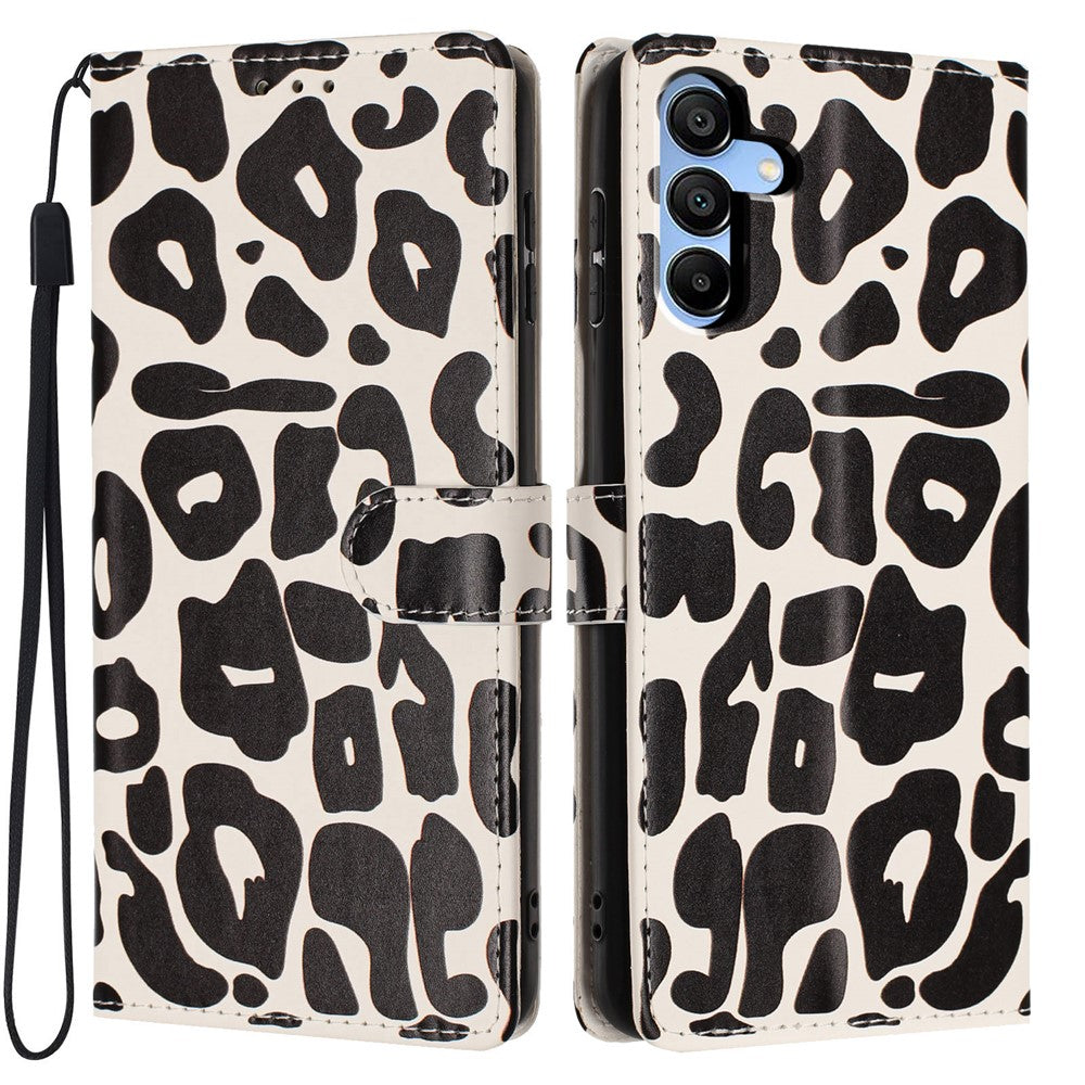 For Samsung Galaxy A15 5G / A15 4G Case Leopard Print Wallet Stand Flip Leather Phone Cover with Wrist Strap