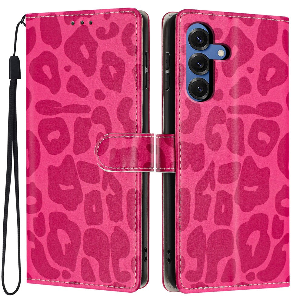 For Samsung Galaxy S25 Case Leopard Print Wallet Stand Flip Leather Phone Cover with Wrist Strap
