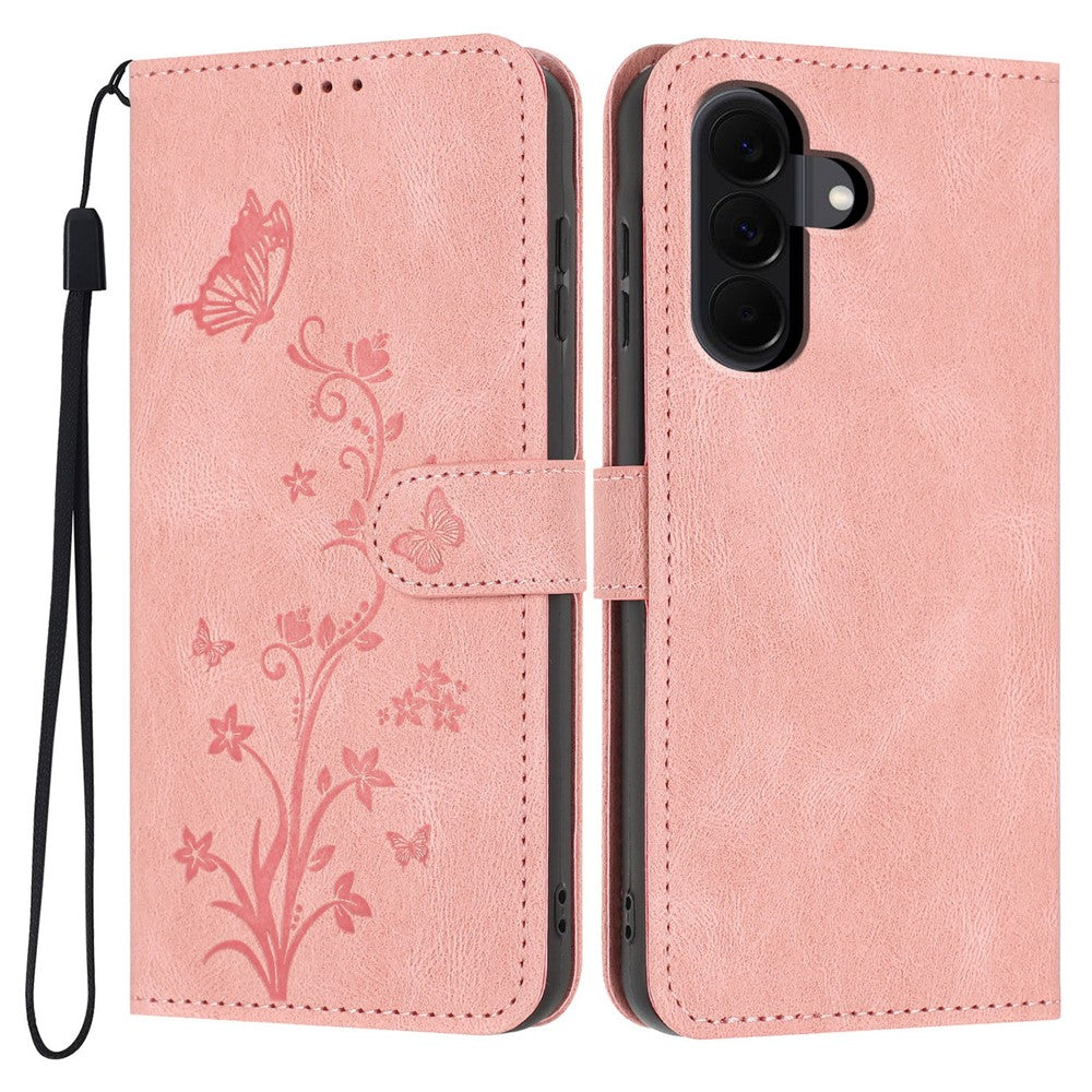 For Samsung Galaxy A18 4G Wallet Case Butterfly Flower Imprint PU Leather Phone Cover with Wrist Strap