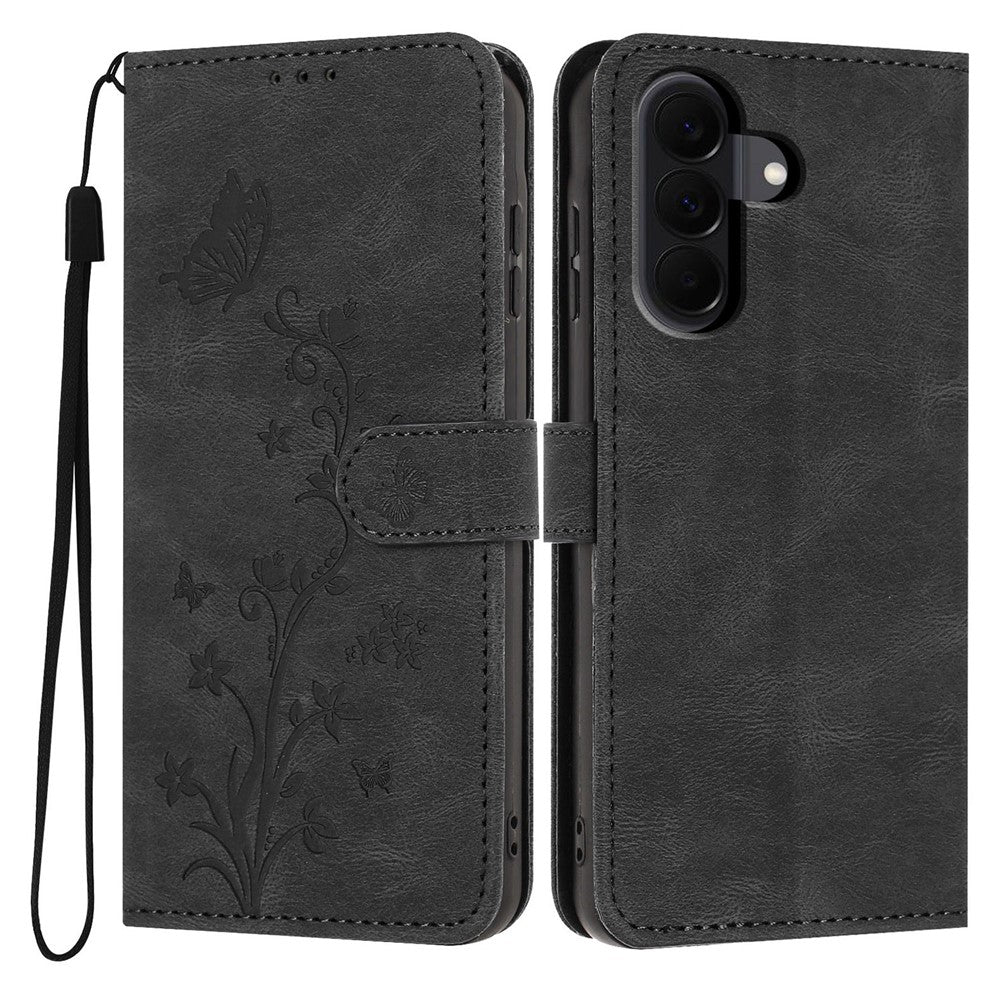 For Samsung Galaxy A18 4G Wallet Case Butterfly Flower Imprint PU Leather Phone Cover with Wrist Strap