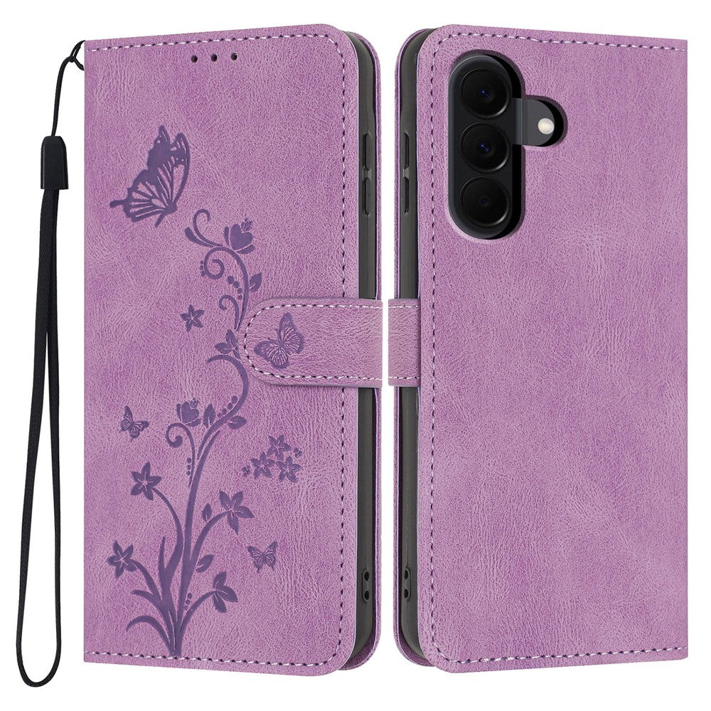 For Samsung Galaxy A18 4G Wallet Case Butterfly Flower Imprint PU Leather Phone Cover with Wrist Strap