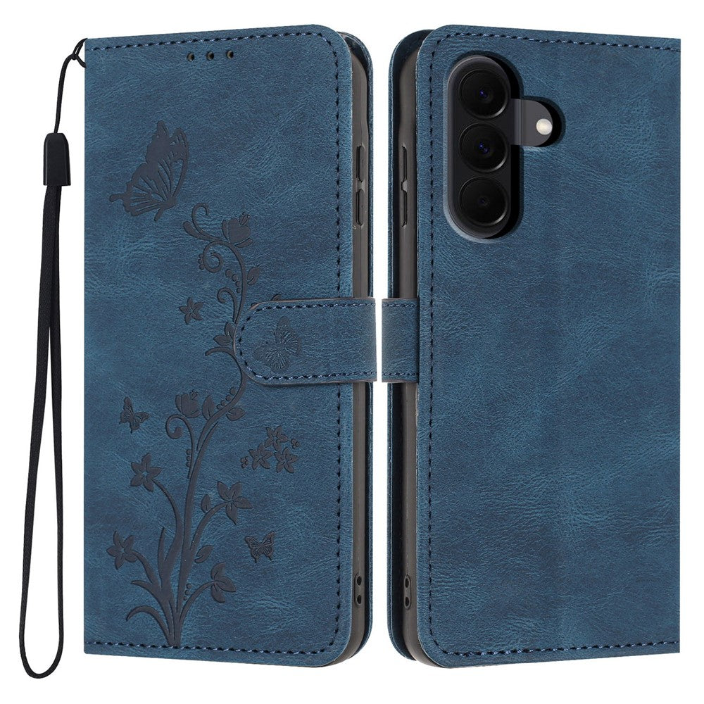 For Samsung Galaxy A18 4G Wallet Case Butterfly Flower Imprint PU Leather Phone Cover with Wrist Strap