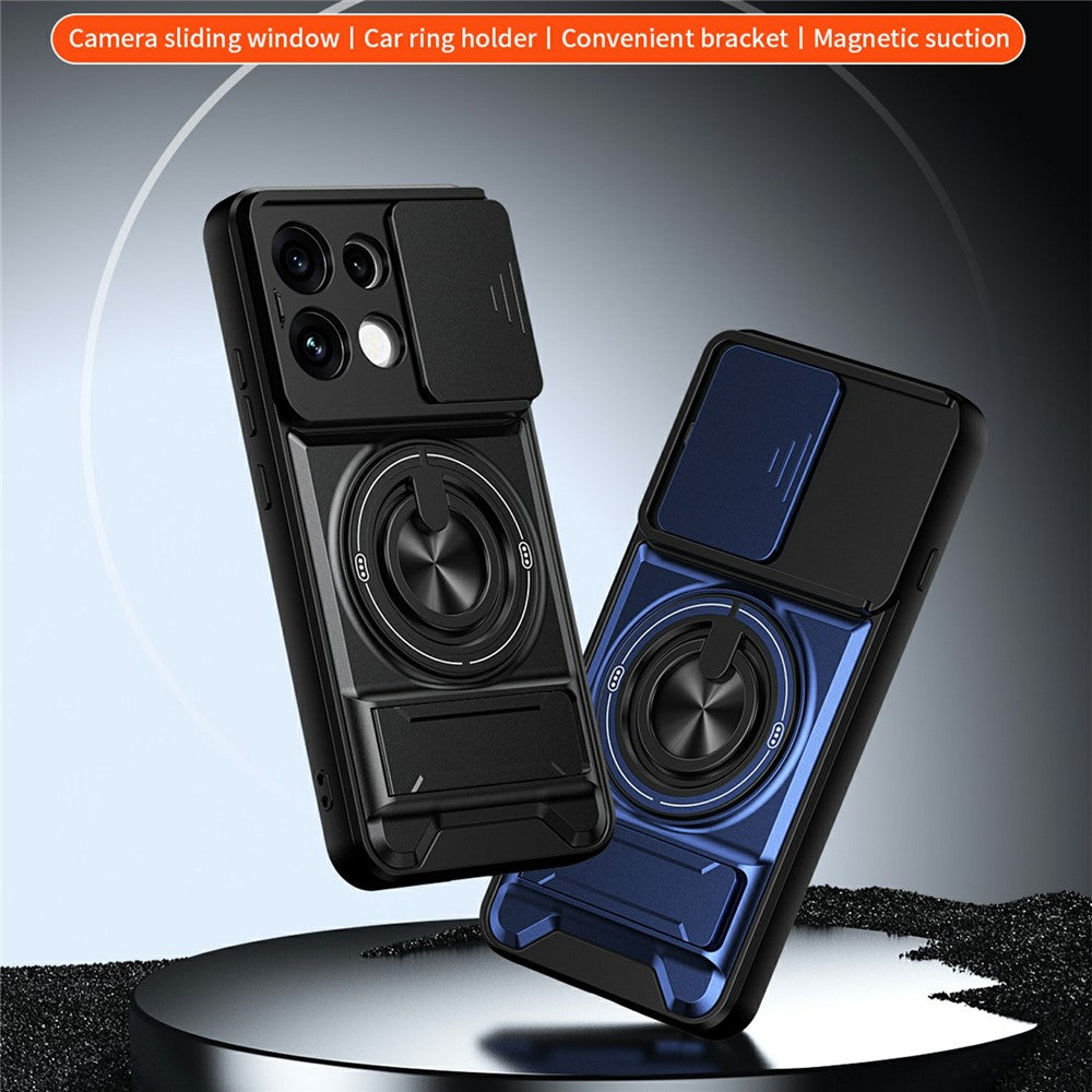 For Oppo Reno16 F 5G  /  Reno16 FS 5G Magnetic Case Ring Holder Foldable Kickstand TPU PC Phone Cover with Camera Lens Slider