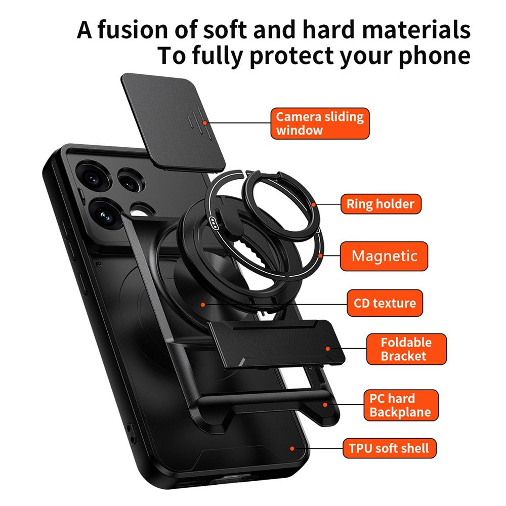 For Oppo Reno16 F 5G  /  Reno16 FS 5G Magnetic Case Ring Holder Foldable Kickstand TPU PC Phone Cover with Camera Lens Slider