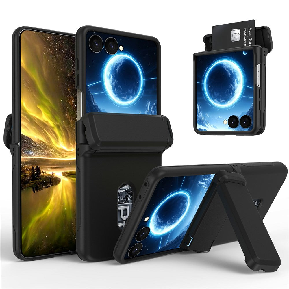 Samsung Galaxy Z Flip8-skal med gångjärnsstöd och hårt PC-mobilskal med kortplatser