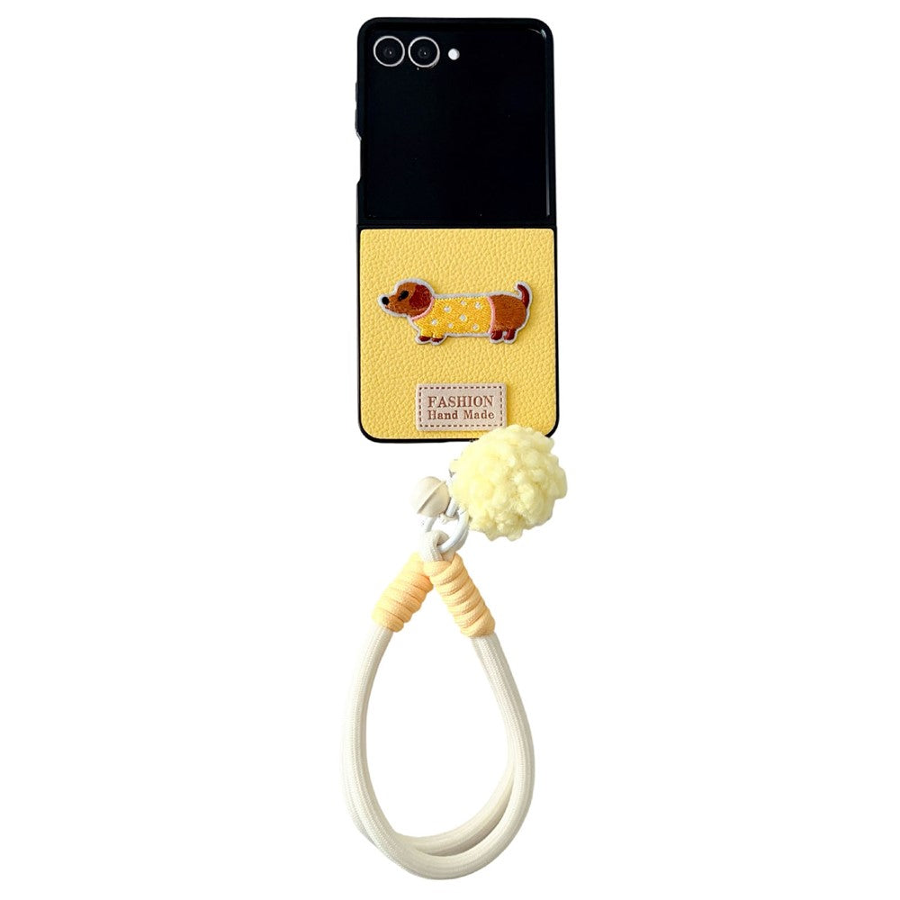 For Samsung Galaxy Z Flip8 Case Cute Dog Hinge Protection Litchi Texture Phone Cover with Wrist Strap