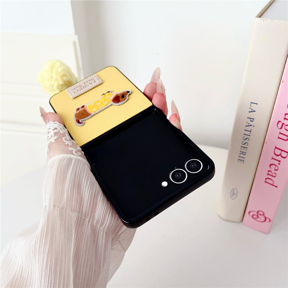 For Samsung Galaxy Z Flip8 Case Cute Dog Hinge Protection Litchi Texture Phone Cover with Wrist Strap