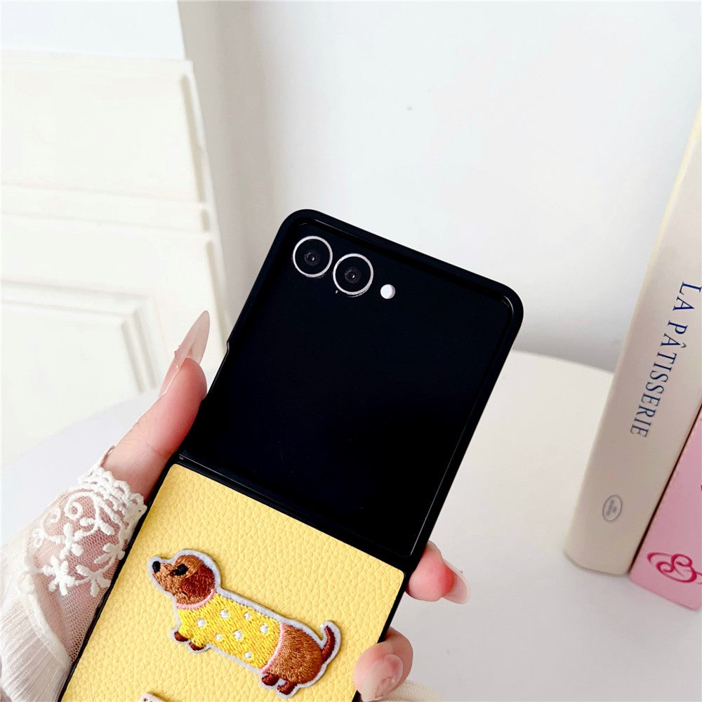 For Samsung Galaxy Z Flip8 Case Cute Dog Hinge Protection Litchi Texture Phone Cover with Wrist Strap