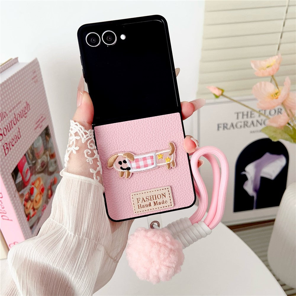 For Samsung Galaxy Z Flip8 Case Cute Dog Hinge Protection Litchi Texture Phone Cover with Wrist Strap