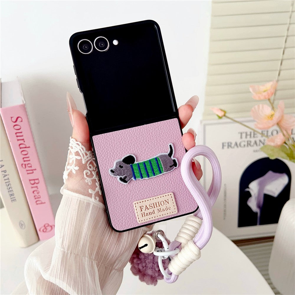 For Samsung Galaxy Z Flip8 Case Cute Dog Hinge Protection Litchi Texture Phone Cover with Wrist Strap
