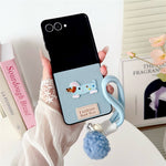 For Samsung Galaxy Z Flip8 Case Cute Dog Hinge Protection Litchi Texture Phone Cover with Wrist Strap