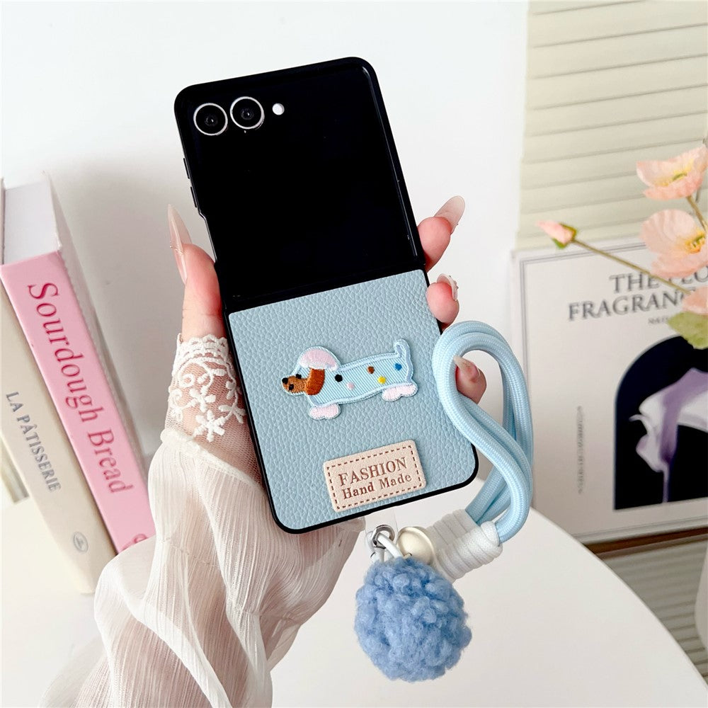 For Samsung Galaxy Z Flip8 Case Cute Dog Hinge Protection Litchi Texture Phone Cover with Wrist Strap