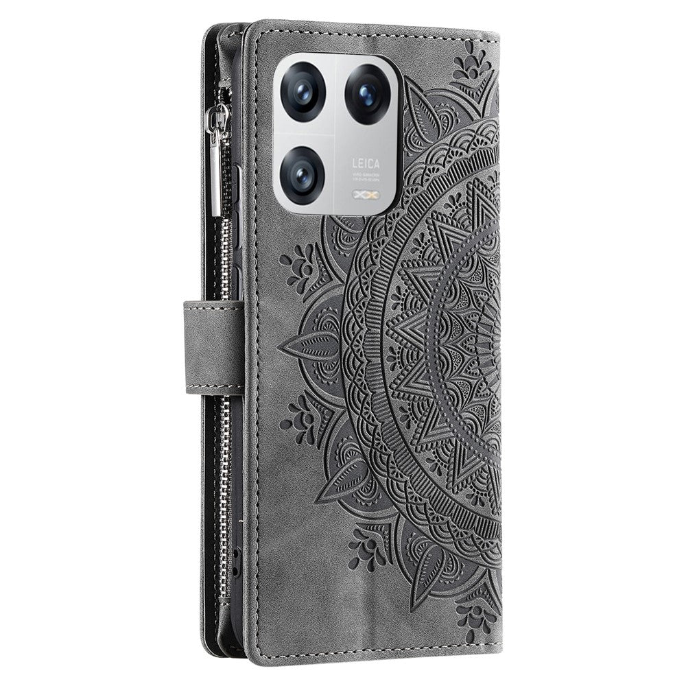 Xiaomi 13 Stötsäkert Mobilmobilfodral PU-läder Mandala Blomma Präglat Korthållare Blixtlåsficka Flip Plånbok mobilfodral Stativ med Rem