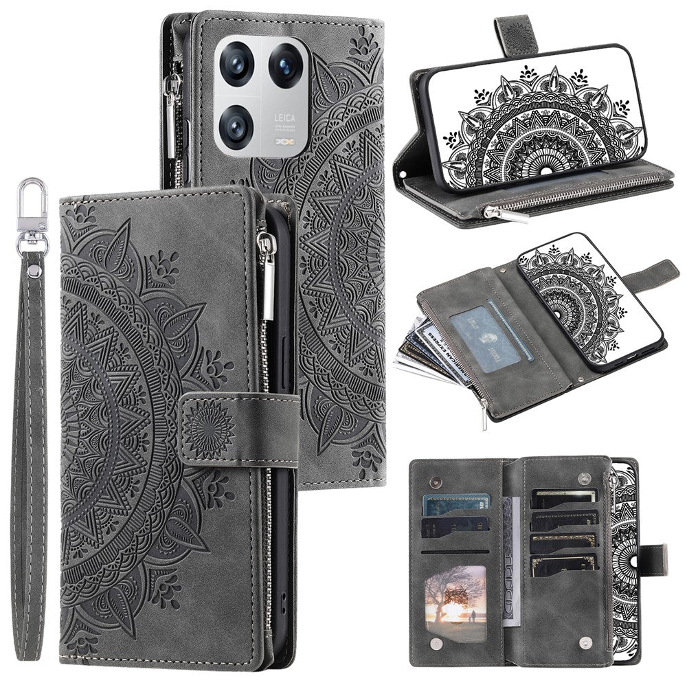 Xiaomi 13 Stötsäkert Mobilmobilfodral PU-läder Mandala Blomma Präglat Korthållare Blixtlåsficka Flip Plånbok mobilfodral Stativ med Rem