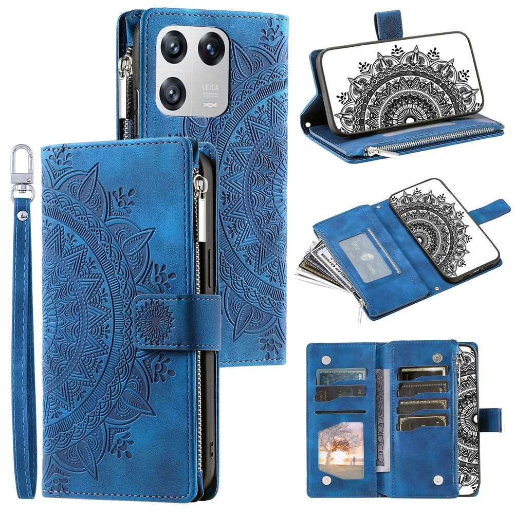 Xiaomi 13 Stötsäkert Mobilmobilfodral PU-läder Mandala Blomma Präglat Korthållare Blixtlåsficka Flip Plånbok mobilfodral Stativ med Rem